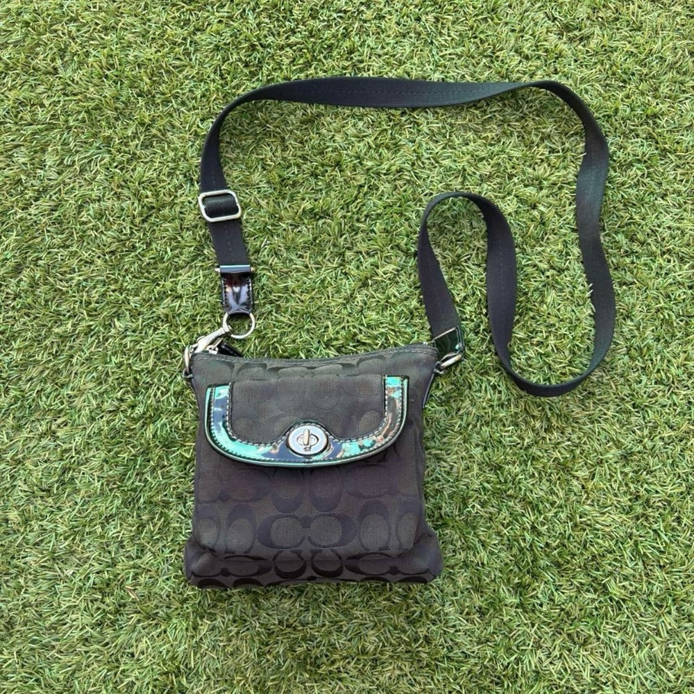 Coach Brown Signature Crossbody with Teal Accent Trim